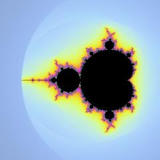 The Mandelbrot Set rendered in black with vivid yellow, orange, and pink fractal edges against a pale blue background.