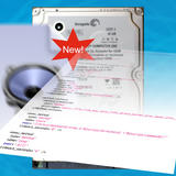A Seagate hard drive and an XML SMF service manifest overlap, with a red “New!” starburst and a speaker icon in the background.