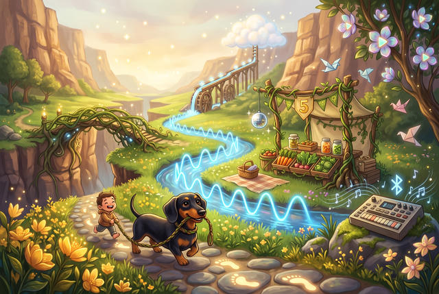 A whimsical solarpunk illustration of a sunlit valley framed by canyon cliffs, where nature and friendly technology blend together. A glowing blue stream shaped like a digital sine wave winds from the background to the front, threading the whole scene together. In the foreground, a black-and-tan dachshund trots along a stone path with a leash in its mouth, cheerfully walking a tiny laughing human — a playful role reversal — while softly glowing barefoot footprints mark the trail. On the left, a graceful bridge woven from vines and roots arcs across a deep chasm. On the right sits a cozy cooperative farm-market stall overflowing with carrots and fresh vegetables, fermentation jars, a small festive “5” anniversary banner, and a sparkling disco ball, with a picnic blanket resting by the stream. Iridescent flowers shaped like play buttons bloom in the trees, origami paper-envelope birds flutter through the air, and a music groovebox sprouting vines hums beside a glowing Bluetooth symbol and floating notes. In the distance, a wooden aqueduct and waterwheel carry little glowing packets of light up toward a soft cloud. Warm golden light and magical sparkles fill the dreamy scene.
