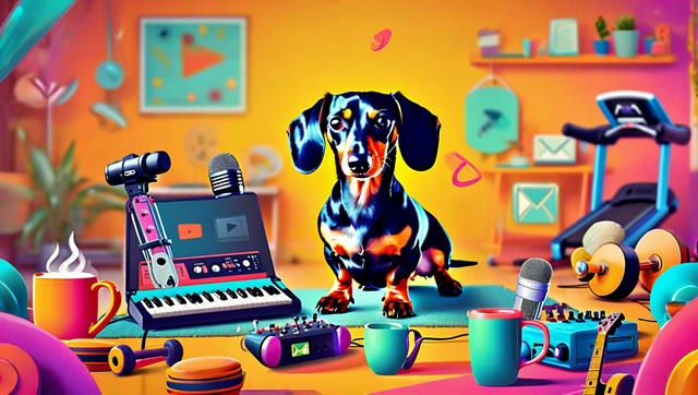 A vibrant, colorful digital illustration of a dachshund dog with black and white markings sitting in a creative studio surrounded by music and media equipment. The scene features a neon-bright gradient background transitioning from orange to yellow to pink and purple. Around the dog are various items including a synthesizer keyboard, microphones, headphones, colorful mugs, dumbbells, a boombox, vinyl records, plants, shelves with books and decorative items, and various creative tools. The overall aesthetic is modern, playful, and bursting with saturated colors in shades of turquoise, magenta, orange, and yellow, suggesting themes of creativity, music production, fitness, and digital content creation.