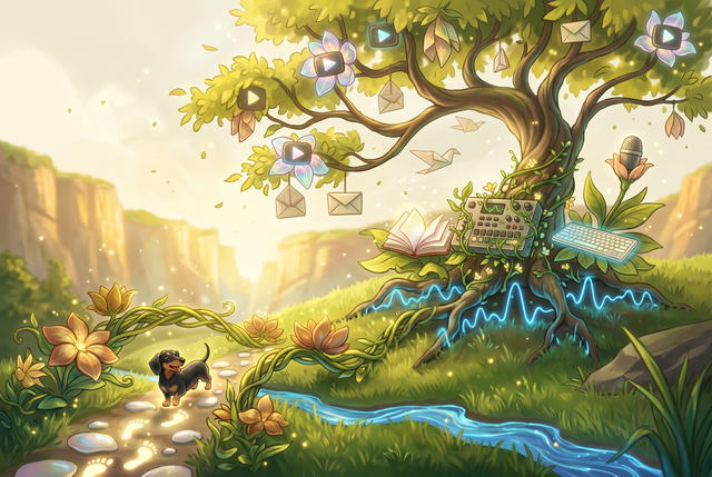 A whimsical digital illustration depicts a serene valley landscape where nature and technology blend together. A large, gnarled tree with golden-yellow foliage dominates the center, its branches adorned with magical flowers featuring play button symbols, hanging envelopes, and paper airplanes. At the tree's base, a calculator, keyboard, and open book are nestled among green vines and leaves. A small black and tan dachshund stands on a stone path in the foreground, surrounded by golden flowers and stepping stones. A glowing blue stream with digital wave patterns flows through the grassy valley. Steep canyon cliffs frame both sides under a warm, hazy sky. The entire scene glows with soft, golden sparkles and light, creating a dreamy atmosphere that represents the fusion of digital communication and natural beauty.