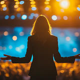 Silhouette of a woman on stage with arms outstretched in a confident pose, backlit by golden and blue stage lights with a blurred audience in the background.