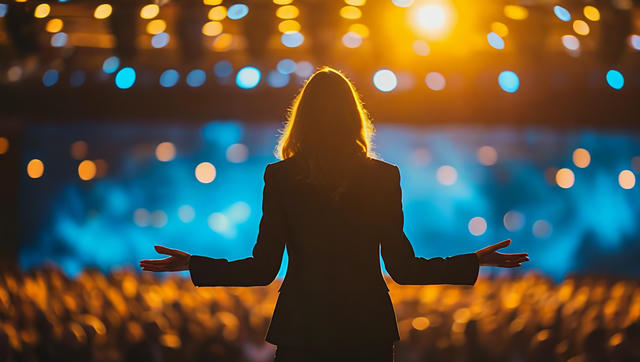 Silhouette of a woman on stage with arms outstretched in a confident pose, backlit by golden and blue stage lights with a blurred audience in the background.