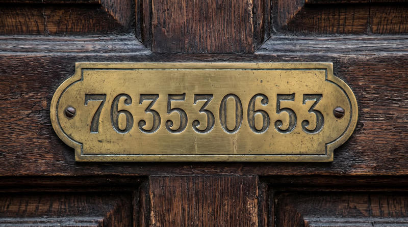 Close-up of an oval brass plate screwed onto a dark, weathered wooden door, engraved with the number 763530653 in large black serif digits.