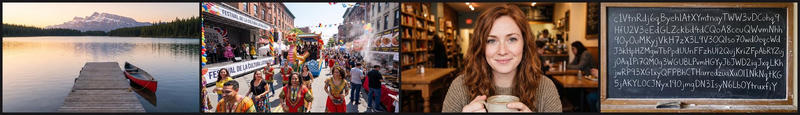 Four images side by side generated from the same random string: the original lake with a red canoe, a colorful street festival, a smiling woman holding a cup in a café, and a blackboard covered in the random characters written in chalk.