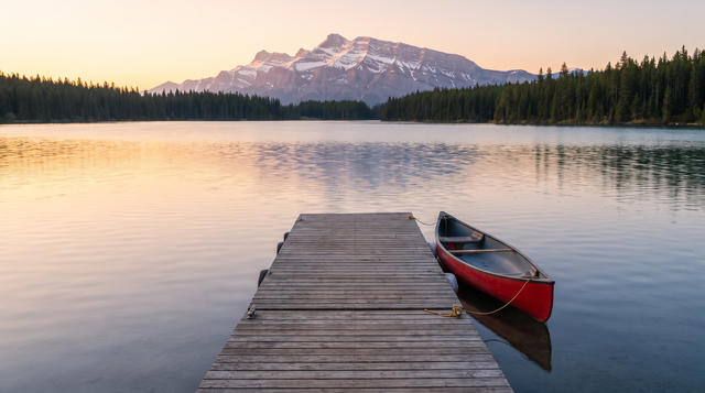 A calm mountain lake at dawn with a wooden jetty leading into the water and a red canoe moored beside it. Snow-dusted peaks and dark pine forests line the far shore under a soft pink and orange sky. No text or numbers appear anywhere in the image.