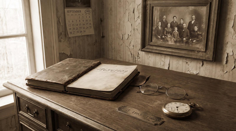 A sepia-toned old office: an open ledger, a pocket watch and a pair of spectacles on a worn wooden desk, a framed family portrait on the peeling wall, and a September wall calendar by the window.