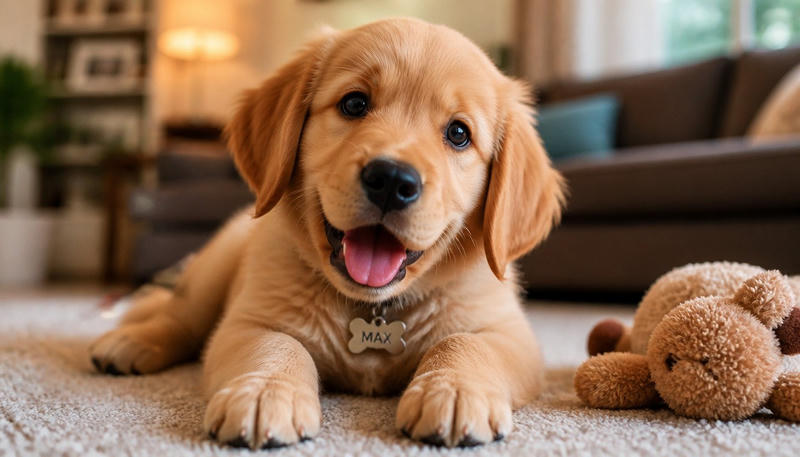 A golden retriever puppy lying on a fluffy carpet in a cozy living room, mouth open in a happy expression, next to a plush teddy bear.