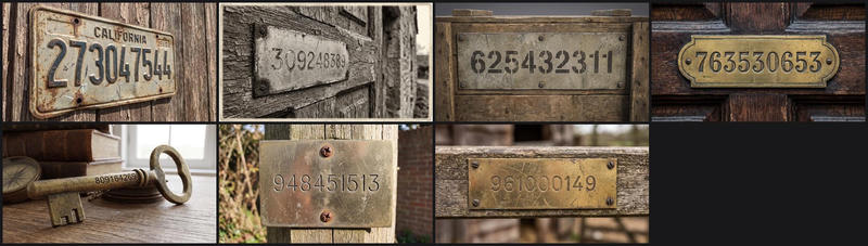 Seven photographs in a grid, each showing a nine-digit number on an old metal object: a rusty California license plate, several brass and steel plates screwed onto weathered wood, an oval brass door plate, and an antique key with digits stamped into its shaft.