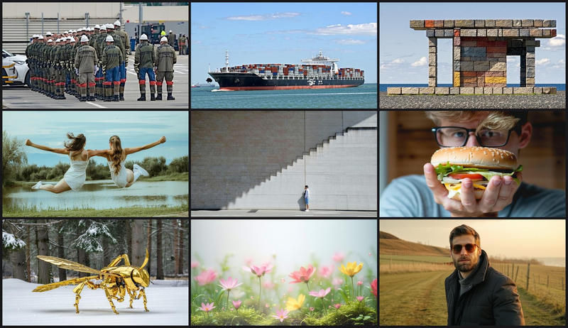 A grid of nine unrelated photographs: rows of workers in helmets and uniforms, a container ship at sea, a stone gateway on a beach, two women leaping over a pond, a small figure beside a huge staircase wall, a man holding a burger to the camera, a golden robotic bee in a snowy forest, pink and yellow flowers in soft focus, and a bearded man in sunglasses on a country path. None contains any text.