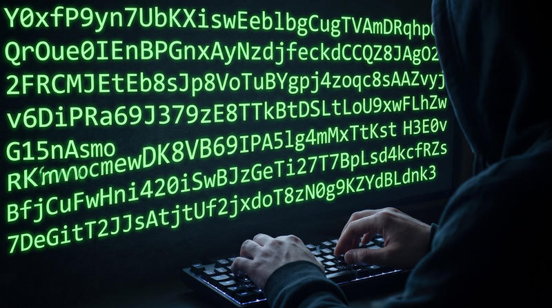 A dark screen filled with lines of bright green random letters and digits, with the hooded figure of a person typing on a backlit keyboard in the lower right.