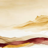 A watercolor illustration of a solitary figure in dark clothing standing on a vast, layered desert landscape. The scene features rolling sand dunes in warm tones of beige, tan, and gold, with deep burgundy and rust-colored bands flowing across the foreground. A golden sun or citrus slice appears in the upper left corner. The composition conveys a sense of isolation and contemplation in an arid, minimalist environment.