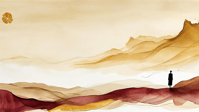 A watercolor illustration of a solitary figure in dark clothing standing on a vast, layered desert landscape. The scene features rolling sand dunes in warm tones of beige, tan, and gold, with deep burgundy and rust-colored bands flowing across the foreground. A golden sun or citrus slice appears in the upper left corner. The composition conveys a sense of isolation and contemplation in an arid, minimalist environment.