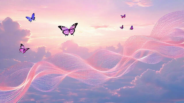 A dreamy, ethereal landscape with soft pink and purple clouds in a pastel sky. Flowing sine waves made of code characters weave through the scene in translucent ribbons of light, creating gentle wave patterns. Several colorful butterflies - including blue, purple, and pink ones - flutter gracefully across the composition. The overall mood is serene and fantastical, blending programming elements with natural beauty.