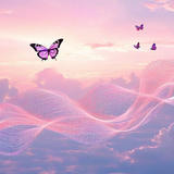 A dreamy, ethereal landscape with soft pink and purple clouds in a pastel sky. Flowing sine waves made of code characters weave through the scene in translucent ribbons of light, creating gentle wave patterns. Several colorful butterflies - including blue, purple, and pink ones - flutter gracefully across the composition. The overall mood is serene and fantastical, blending programming elements with natural beauty.