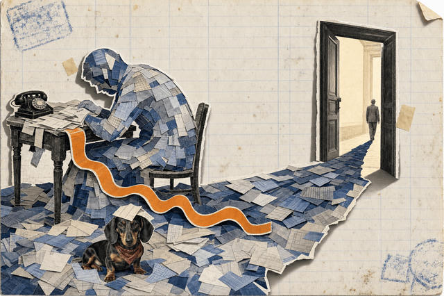 A hand-made paper collage on a sheet of old ledger paper. On the right, a man in a suit walks away through an open doorway into daylight. His shadow stretches back across the floor to the left, but it is not dark: it is assembled from hundreds of cut-out paper receipts and forms. The shadow has not followed him. It sits hunched over a desk, still working, while a bright orange till roll unspools across the floor. A small black-and-tan dachshund in a red bandana sits in the paper pile, a receipt stuck to his head, looking at the viewer.