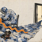 A hand-made paper collage on a sheet of old ledger paper. On the right, a man in a suit walks away through an open doorway into daylight. His shadow stretches back across the floor to the left, but it is not dark: it is assembled from hundreds of cut-out paper receipts and forms. The shadow has not followed him. It sits hunched over a desk, still working, while a bright orange till roll unspools across the floor. A small black-and-tan dachshund in a red bandana sits in the paper pile, a receipt stuck to his head, looking at the viewer.
