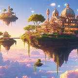 Floating islands with classical Renaissance buildings and lush gardens suspended in a pastel sky at golden hour, connected by elegant bridges, evoking a sense of wonder and infinite possibility.