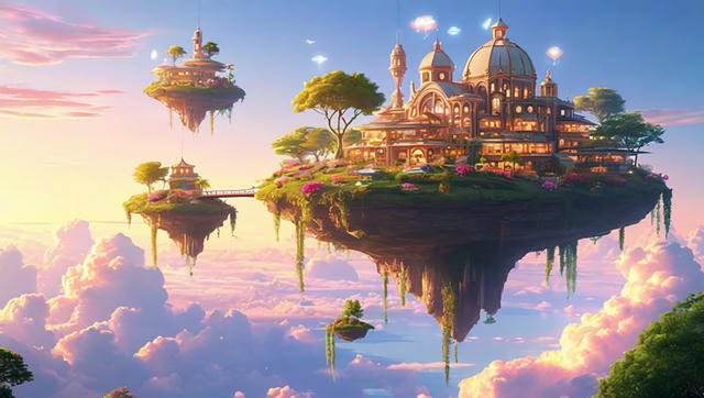 Floating islands with classical Renaissance buildings and lush gardens suspended in a pastel sky at golden hour, connected by elegant bridges, evoking a sense of wonder and infinite possibility.