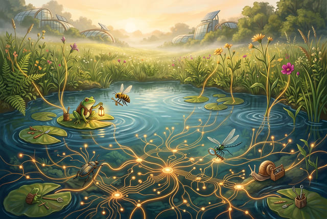A fantastical illustration of a serene pond ecosystem at sunrise, surrounded by vibrant wildflowers and lush vegetation. In the water, a frog holds a lantern on a lily pad while a bee hovers nearby. Golden glowing lines connect various insects—including dragonflies, a beetle, and a snail—representing an interconnected network or ecosystem. Solar panel-topped greenhouse domes are visible in the misty background among trees. The warm, ethereal lighting and whimsical art style suggest themes of nature, technology, sustainability, and ecological harmony.