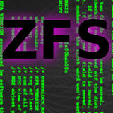 The bold black letters “ZFS” glow with purple light over blurred green terminal code text on a dark background.